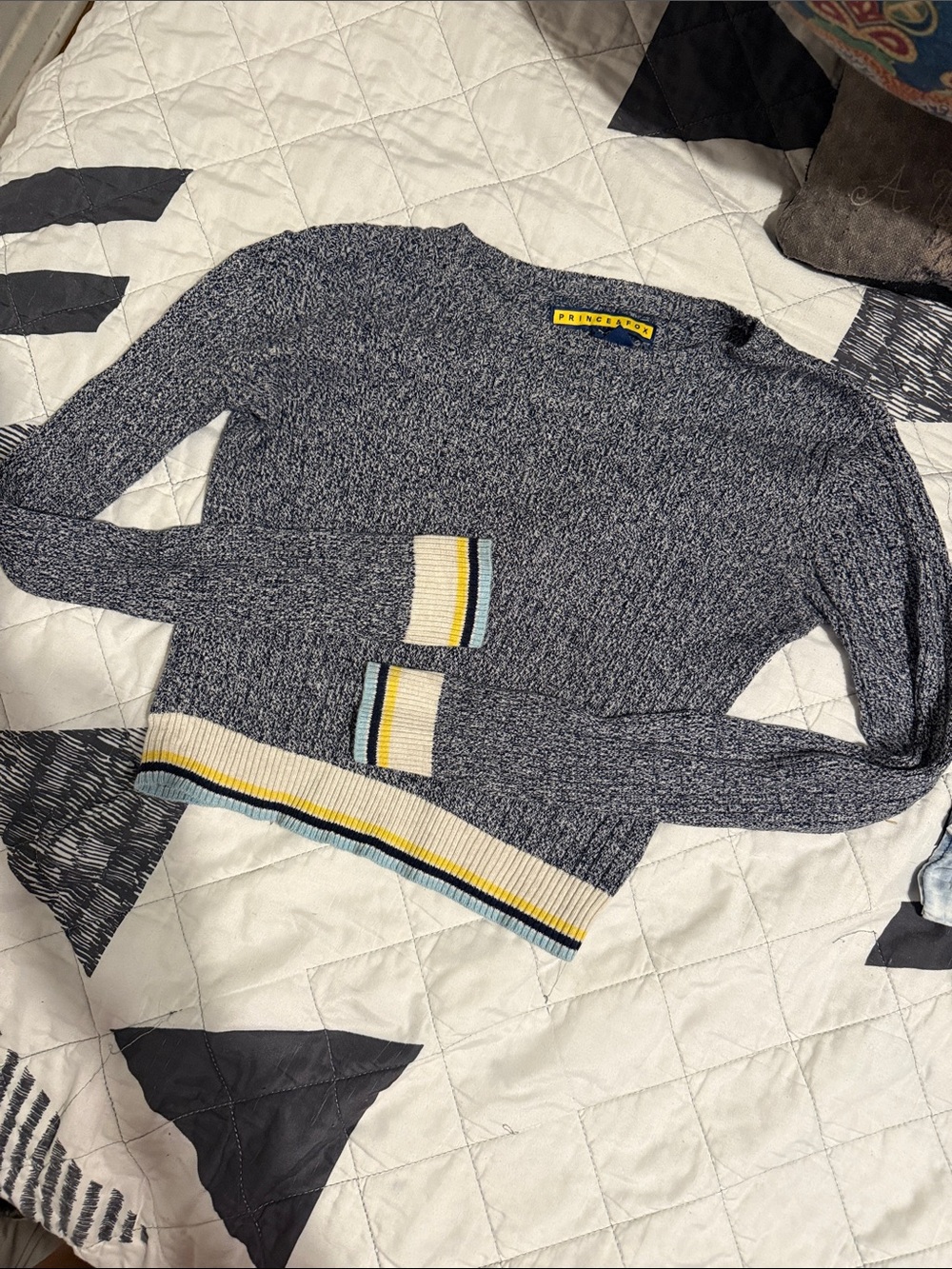 Prince & Fox Heather Navy Crewneck Sweater with Cream, Yellow & Light Blue Trim